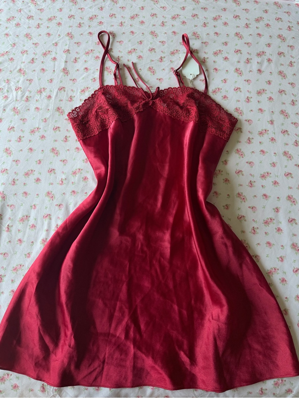 & Other Stories Red Satin Lace-Trim Slip Dress